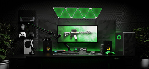 A general view of the comfortable workplace of a professional gamer and cybersprotsman. The interior is in dark colors. 3D render. © Aboltin