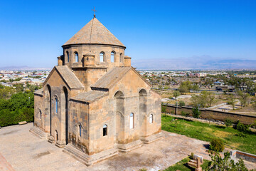 Aerial view of Saint Hripsime Church (built in 618) - one of the oldest Armenian churches. Vagharshapat (Etchmiadzin), Armenia.