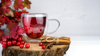 Seasonal drink tea from viburnum in the cup with spices. Close-up. Copy space. Selective focus.
