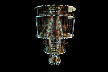 Fototapeta na wymiar Quantum computer isolated on black. Golden gear, quantum computing, quantum cryptography, steampunk, Q bits, parallel computing. 3D illustration, 3D render.
