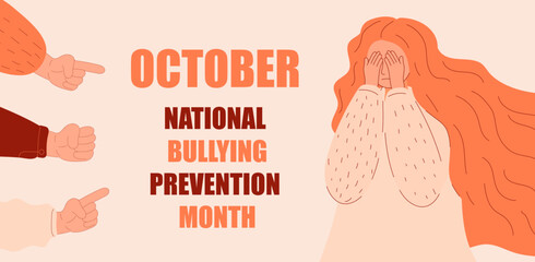National Bullying Prevention month in October in USA. Victim scene in society. Stressed person in shame and hands with pointing finger.