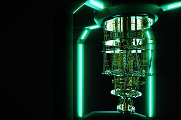 Quantum computer isolated on black. Golden gear, quantum computing, quantum cryptography, steampunk, Q bits, parallel computing. 3D illustration, 3D render.