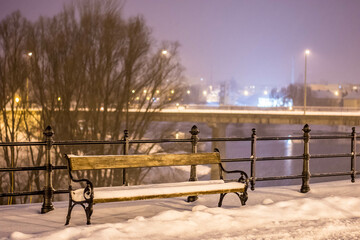 Plakat winter promenade, with bench and snow