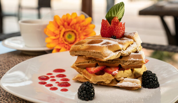 Beautiful served dessert. Waffles with strawberries and blackberries Gerbera flower and restaurant background