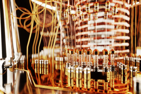 Quantum computer, gold silver mechanism close-up, soft focus. Mechanism, quantum computing, quantum cryptography, steampunk, Q bits, parallel computing. 3D illustration, 3D render.