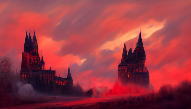 A majestic castle on a hill against the background of a red sky with clouds.
