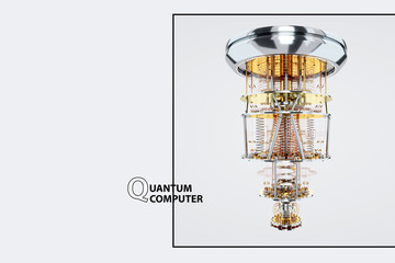 Quantum computer, gold silver mechanism isolated on white background. Mechanism, quantum computing, quantum cryptography, steampunk, Q bits, parallel computing. 3D illustration, 3D render.