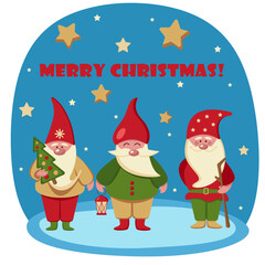 Greeting Christmas card with Three cute Gnomes on a blue background. Vector flat illustration of Merry Christmas. EPS10.