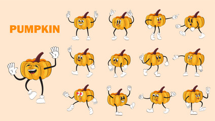 Pumpkin mascot in retro style. Planet with gloved hands. Sticker pack of funny cartoon characters in 90s style. Thanksgiving,