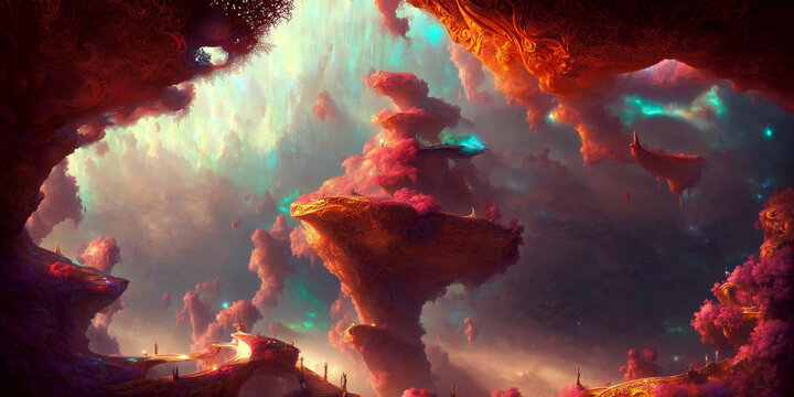 Lush, Colorful Alien Landscape on an Opalescent Planet with Floating Fantasy Mountains. Beautiful Dreamlike 4k Wallpaper Background Rendering. © Josh