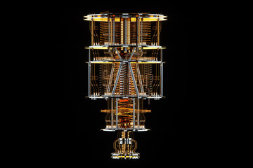 Quantum computer isolated on black. Golden gear, quantum computing, quantum cryptography, steampunk, Q bits, parallel computing. 3D illustration, 3D render.