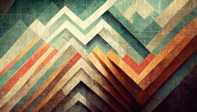 Retro poster background. Aged colours, mountains, geometrical forms. Image generated by AI.