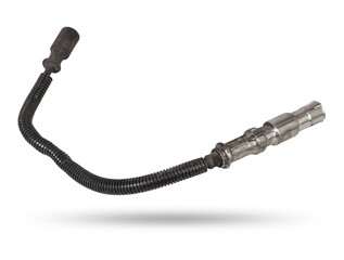 Black ignition wire of a high voltage for spark plug on blue and red background. Car spare parts catalog. Top view.