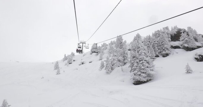 Ski lift at a ski resort, snowing