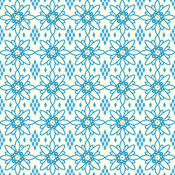 vector edelweiss flowers with bavarian blue diamonds seamless, repeat pattern background. Perfect for Oktoberfest themed gift wrapping, scrapbook, Banner, flyer, poster, invitation, postcard projects