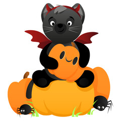 Cute black cat sits on a pumpkin with red horns and wings