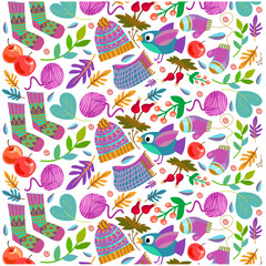 Cheerful children's vector seamless pattern, background. Winter theme. Winter clothes. Bird, scarf, hat, mittens, leaves, ball of thread, wool. Vector illustration. Background for fabric, wallpaper, d