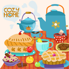 vector set, poster, composition. Cozy house. Winter theme. Winter lunch. Sweets on the table. Vector illustration. Background for fabric, wallpaper, design. Children's illustration.