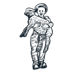 Vintage hand drawn sketch young farmer pick a sheep