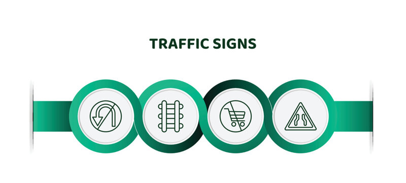 editable thin line icons with infographic template. infographic for traffic signs concept. included no turn, railway, no shopping cart, narrow road icons.