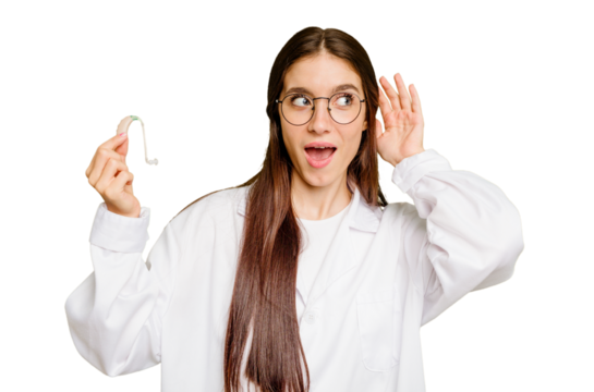 Young otorhinolaryngologist caucasian woman holding hearing aid isolated trying to listening a gossip. - Powered by Adobe