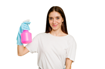 Young cleaner woman isolated happy, smiling and cheerful.