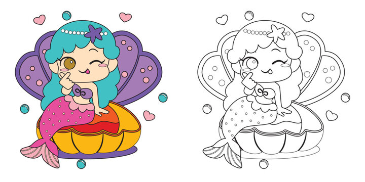 kawaii cute cartoon mermaid princess character coloring
