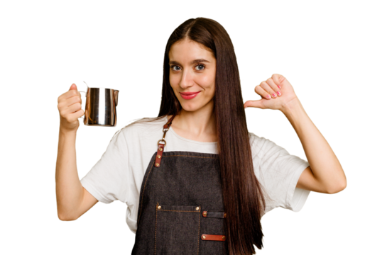 Young barista caucasian woman isolated feels proud and self confident, example to follow.