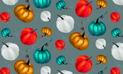 Hand Drawn repeating pattern with blue, red and orange pumpkins. Design for Thanksgiving, halloween, harvest. Vector illustration.
