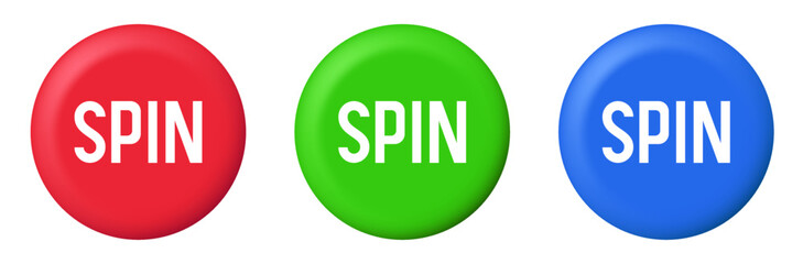 Spin button set. Claymorphism buttons for online casino. Vector clipart isolated on white background.