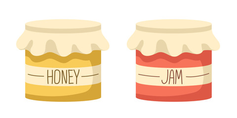 Jar with honey and jam. Raspberry or strawberry jam, honey. A pot of honey and jam. Vector clipart isolated on white background.