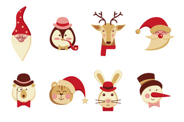 Collection of vector flat Christmas animals on  white background. Set of Christmas Symbols Santa Claus, tiger, snowman, polar bear, deer, dwarf, hare, penguin. EPS10.