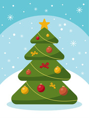 Vector flat illustration of a Christmas tree. New Year's green spruce decorated with toys.EPS10