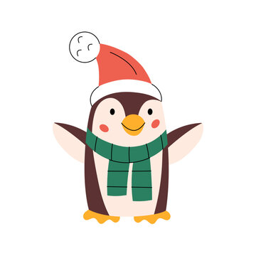 Cute smiling penguin wearing red Santa hat and scarf