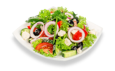 Fresh tasty vegetable salad in bowl on white background