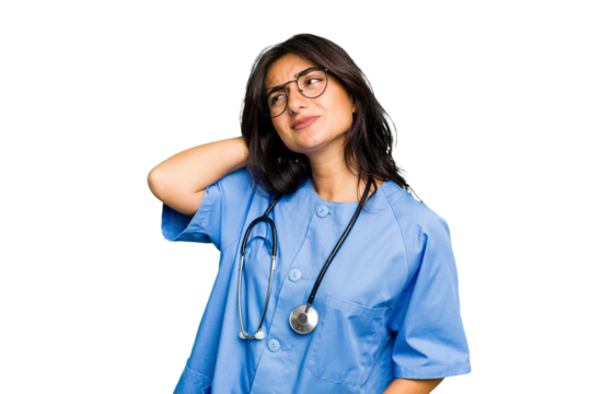 Young nurse Indian woman isolated touching back of head, thinking and making a choice.