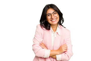 Young Indian business woman wearing a pink suit isolated laughing and having fun.
