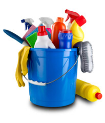 Plastic bottle with household chemicals and bucket on white background © BillionPhotos.com