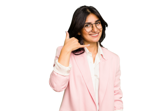 Young Indian business woman wearing a pink suit isolated showing a mobile phone call gesture with fingers.