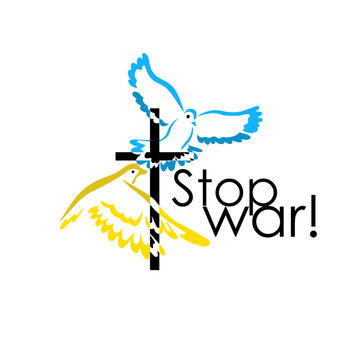 Dove flying with a Symbol of Religion. Cross. Ukrainian flag colors Dove Of Peace. Stop war. Freedom to Ukraine . Vector illustration.