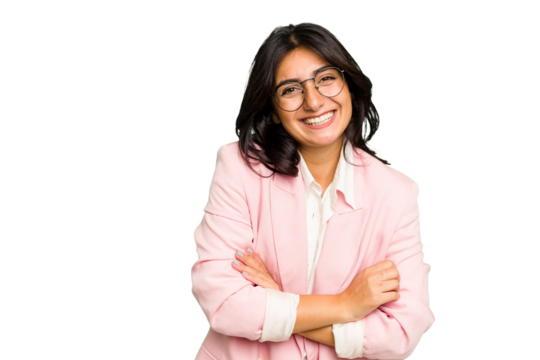 Young Indian business woman wearing a pink suit isolated laughing and having fun. - Powered by Adobe