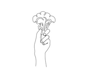 Continuous one line drawing of hand holding broccoli. Fresh broccoli line art drawing vector design.