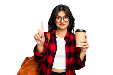 Young student Indian woman holding a take away coffee isolated showing number one with finger.
