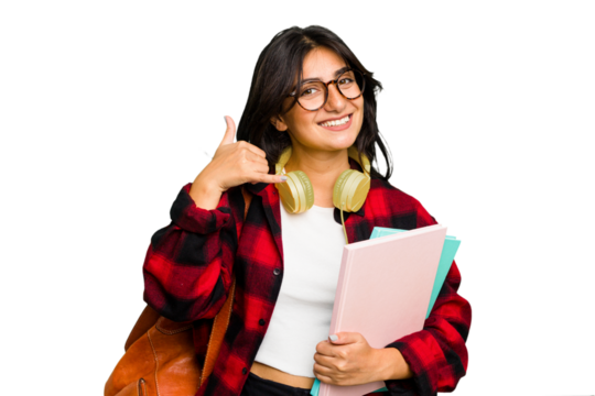 Young student Indian woman wearing headphones isolated showing a mobile phone call gesture with fingers.