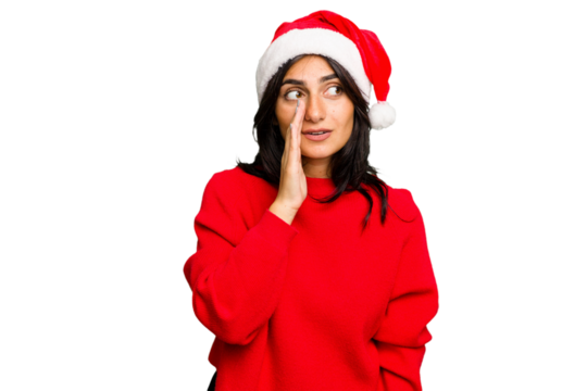 Young Indian woman celebrating Christmas wearing a santa hat isolated is saying a secret hot braking news and looking aside - Powered by Adobe