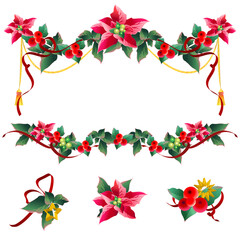 Christmas garland with poinsettia and red ribbons ,isolated on a white - 538972751