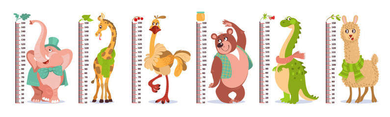 Cartoon kids growth rulers. Cute animals with wall measuring meter scales. Elephant and giraffe. Babies height centimeter measurement. Bear and ostrich. Splendid vector stadiometers set - obrazy, fototapety, plakaty