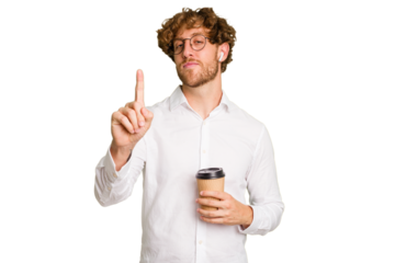 Business caucasian man holding a coffee to take away isolated on white background showing number one with finger.