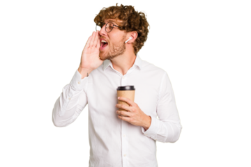 Business caucasian man holding a coffee to take away isolated on white background shouting and holding palm near opened mouth.