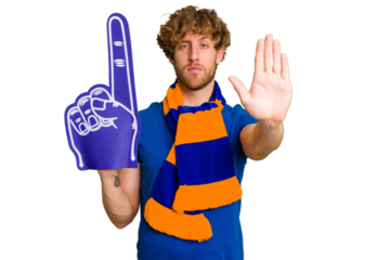 Young caucasian sports fan man isolated on white background standing with outstretched hand showing stop sign, preventing you.